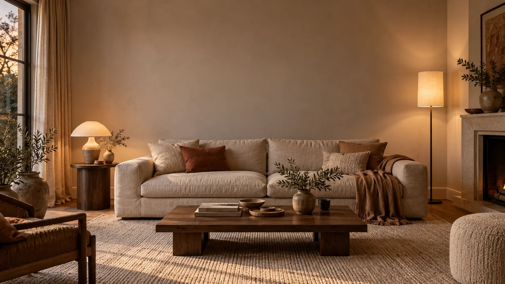 Warm neutral living room with softly glowing lamps